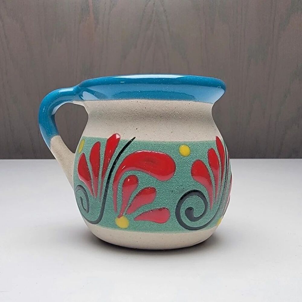 Mexican Clay Coffee Mug Hand Painted Jarrito de Barro Pottery Folk Art Blue Rim